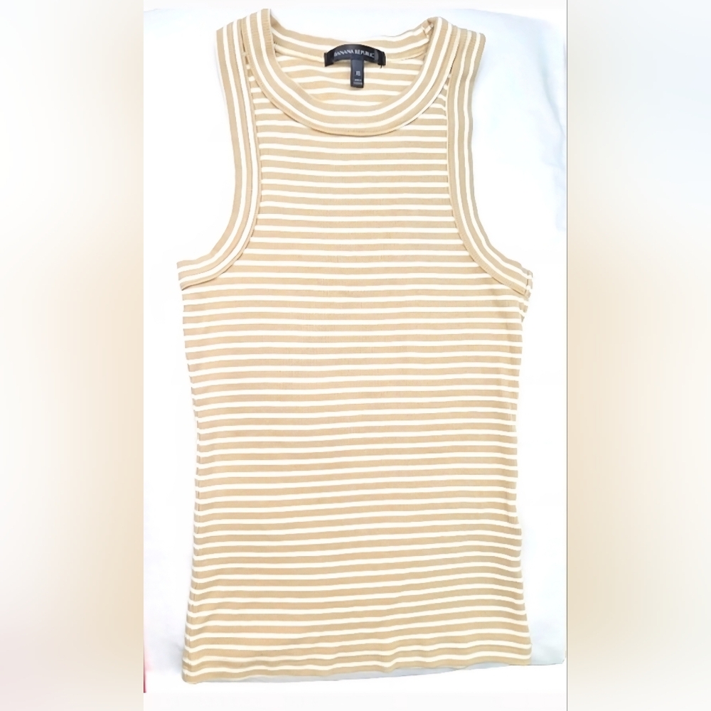 BANANA REPUBLIC Ribbed Racer Tank In Tan/White